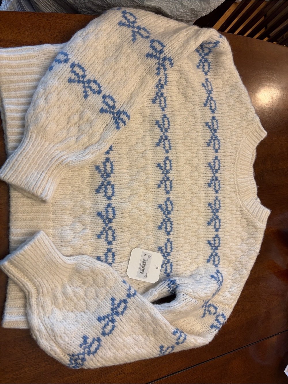 Altar'd State Cream Crewneck Sweater with Blue Bow Pattern